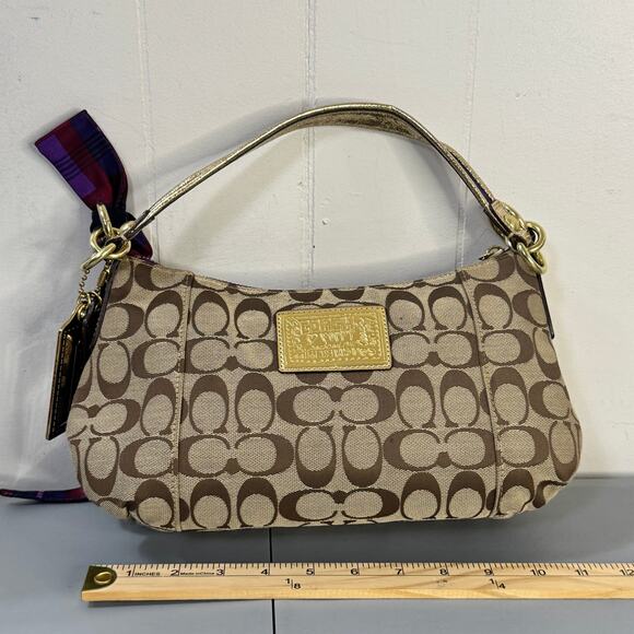 Coach Poppy C Tartan Applique Handbag Bag Charms Scarf Zipper Closure Sequin - Picture 4 of 14